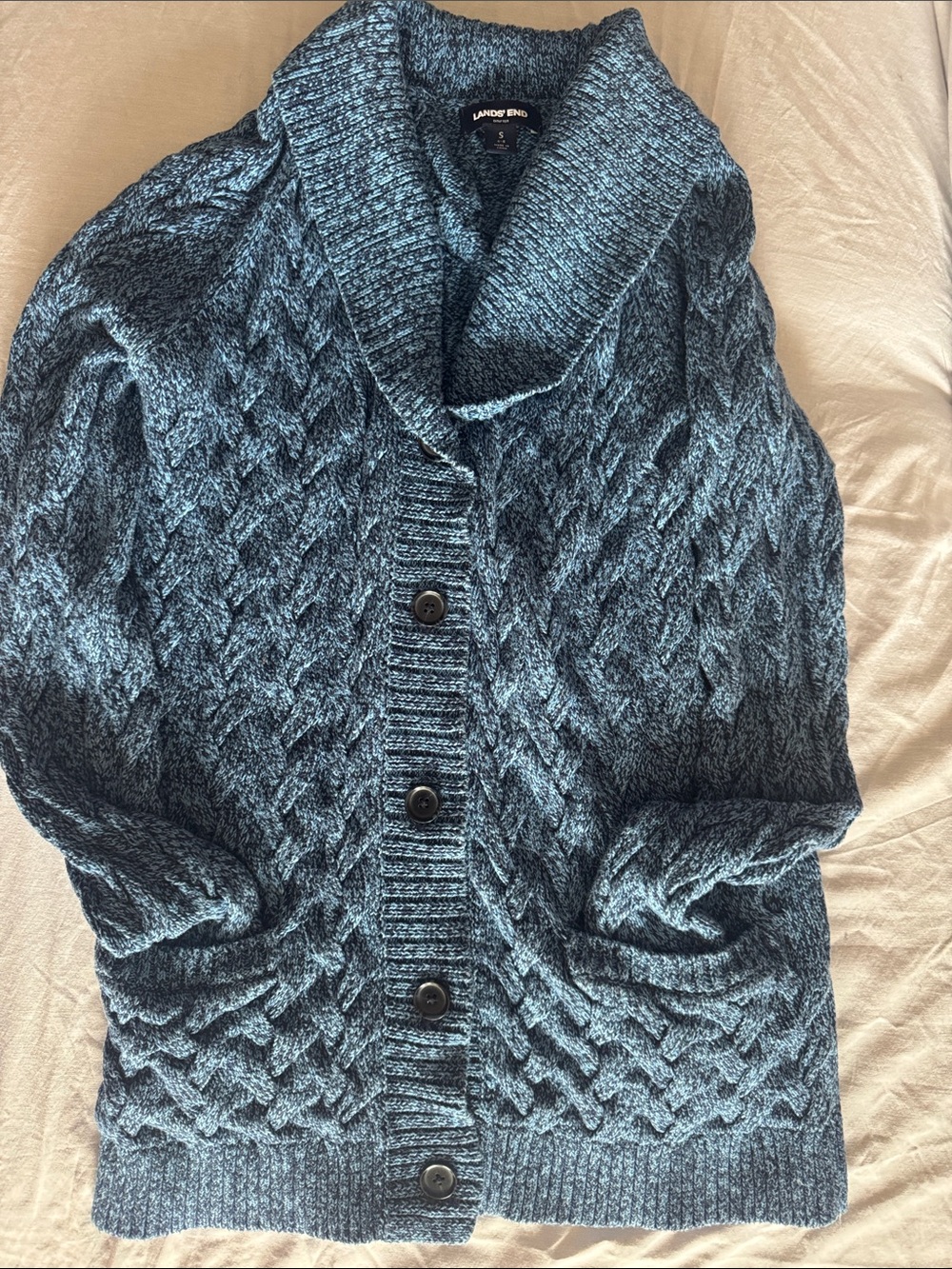 Lands' End Blue Cable Shawl Collar Cardigan